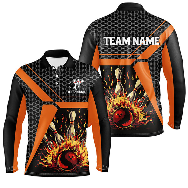 Flame Bowling polo, Quarter zip Shirts for men Custom team Bowling League jerseys, bowl gifts | Orange NQS7971