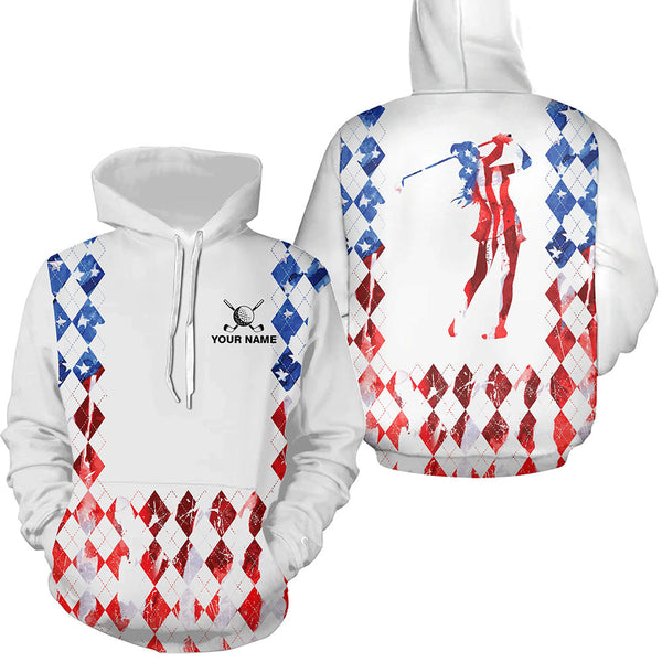 Red white and blue American flag argyle plaid pattern golf Hoodies custom patriotic golf apparel NQS8394