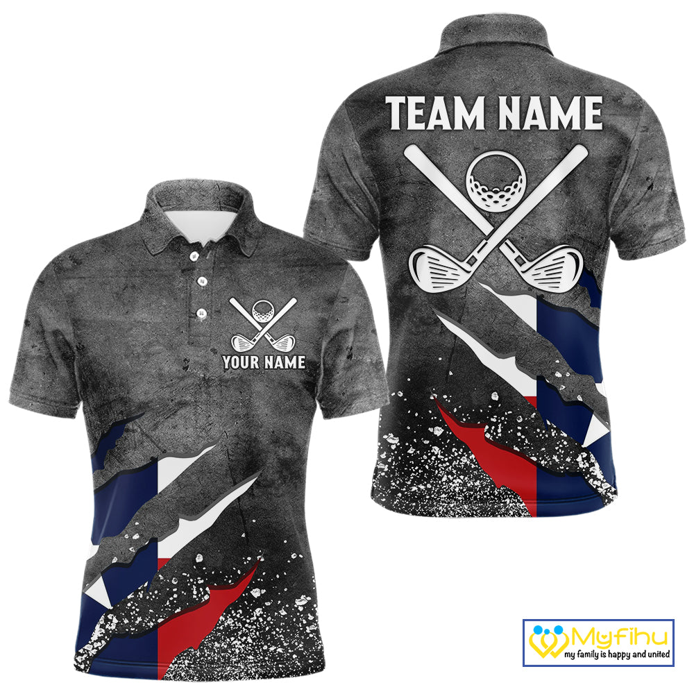 Gray Grunge Texas Flag Mens golf polo shirts Custom patriotic Golf attire for men NQS10580