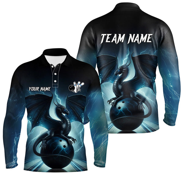 Dark Blue Lightning Thunder Custom Dragon Mens Bowling polo shirts, Team Bowling League Jerseys NQS7228