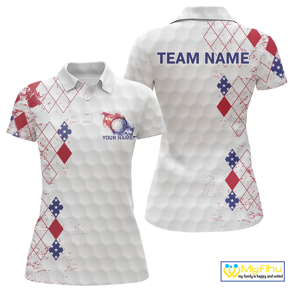 Red, White & Blue argyle American Flag Women golf polo shirt custom patriotic golf apparel for ladies NQS9814