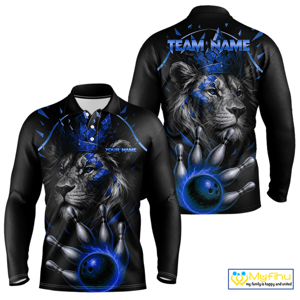 Custom Black and Blue Lion Bowling Polo, Quarter Zip shirts for Men, Lion Team Bowling Jerseys NQS10585