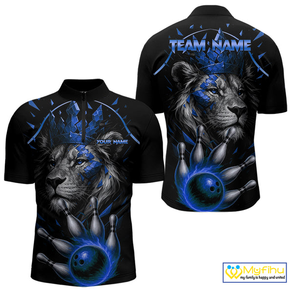 Custom Black and Blue Lion Bowling Polo, Quarter Zip shirts for Men, Lion Team Bowling Jerseys NQS10585