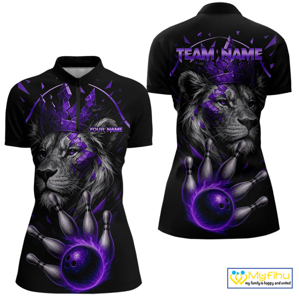 Custom Black and Purple Lion Bowling Polo, Quarter Zip shirts for Women, Lion Team Bowling Jerseys NQS10586