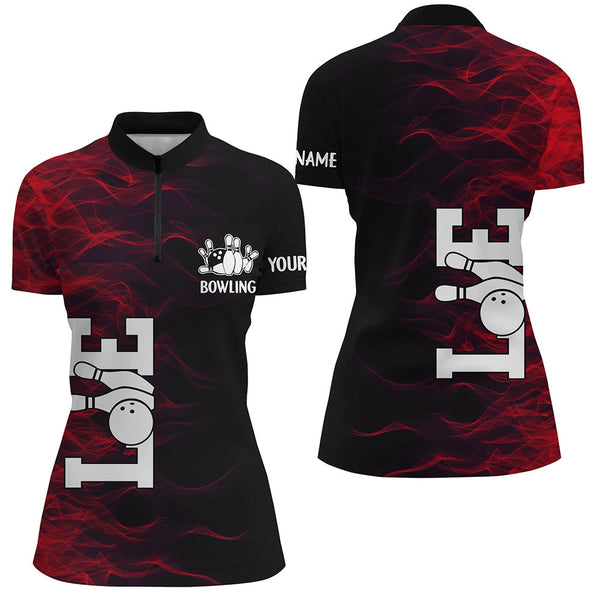 Red Flame Bowling Custom Women Bowling Polo, Quarter zip Shirts Bowling Team Jerseys Tournament NQS8411