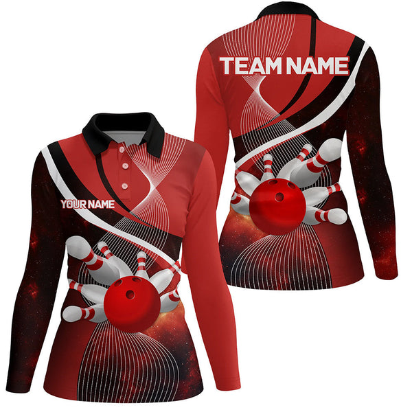 Red Galaxy Women Bowling Polo, Quarter zip Shirts Custom Bowling Team League Jerseys, Gift for bowlers NQS8415