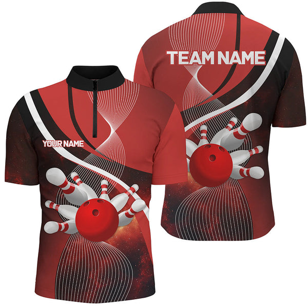 Red Galaxy Men Bowling Polo, Quarter zip Shirts Custom Bowling Team League Jerseys, Gift for bowlers NQS8415
