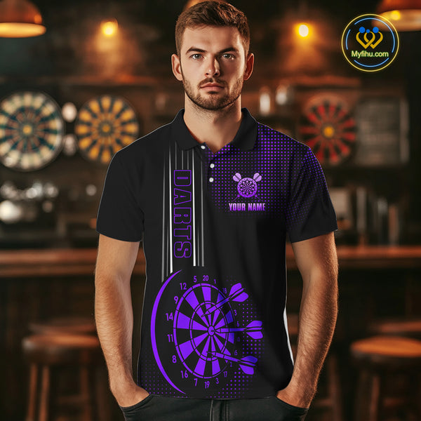 Personalized Black and Purple Darts Polo, Quarter Zip Shirt For Men Custom Dart Outfit Team Jerseys NQS10594