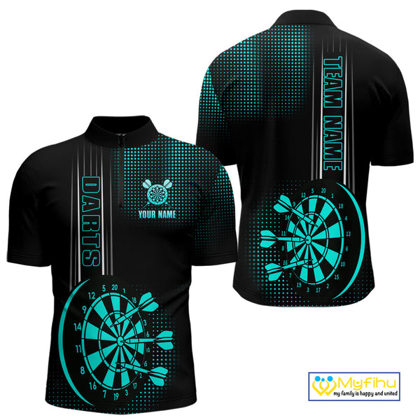 Personalized Black and Turquoise Darts Polo, Quarter Zip Shirt For Men Custom Dart Outfit Team Jersey NQS10595