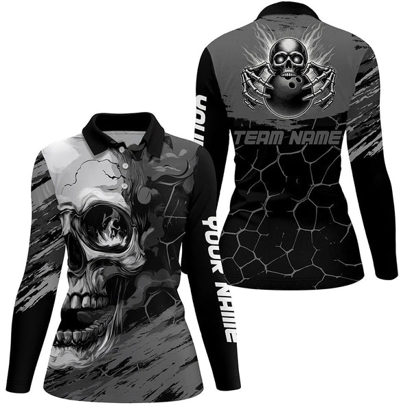 Black and Gray Skull Bowling Custom Bowling Polo, 1/4 zip Shirts For Women Bowling Team League Jerseys NQS8425
