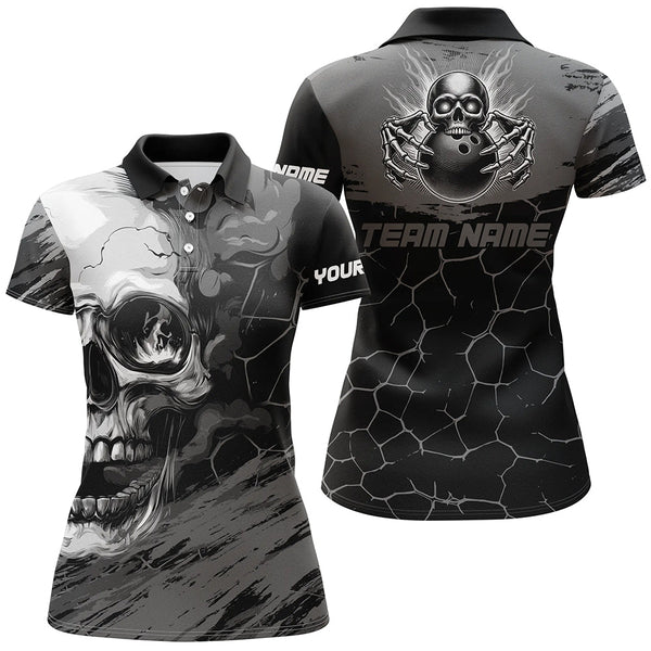 Black and Gray Skull Bowling Custom Bowling Polo, 1/4 zip Shirts For Women Bowling Team League Jerseys NQS8425