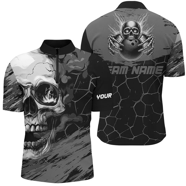 Black and Gray Skull Bowling Custom Bowling Polo, 1/4 zip Shirts For Men Bowling Team League Jerseys NQS8425