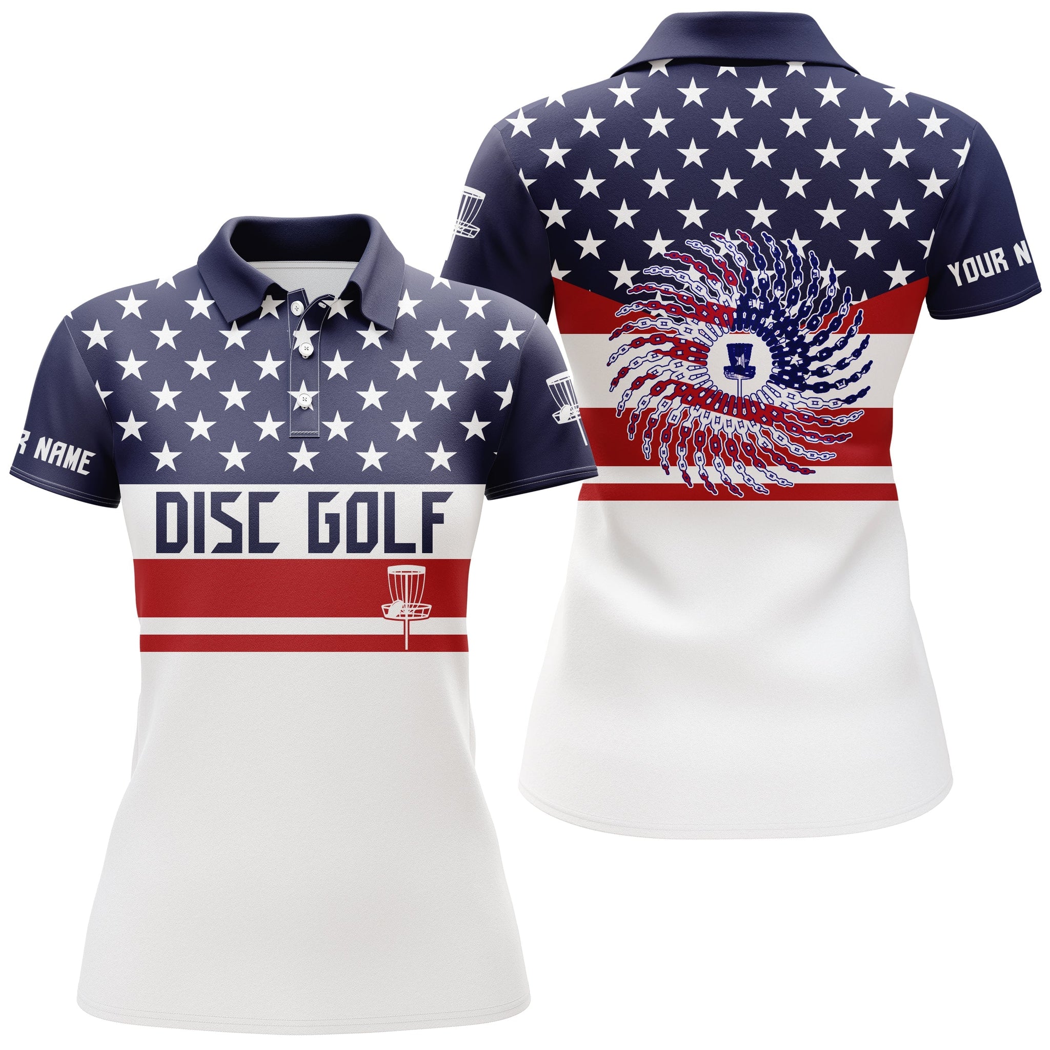 American flag patriot custom name Womens disc golf polo shirt, personalized gifts for disc golf lovers NQS4490