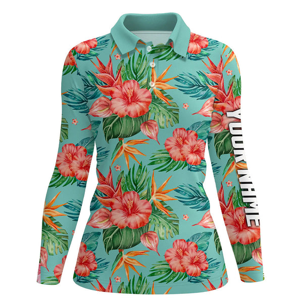 Womens golf polos shirts custom name green tropical flower hibiscus pattern golf tops for ladies NQS7130