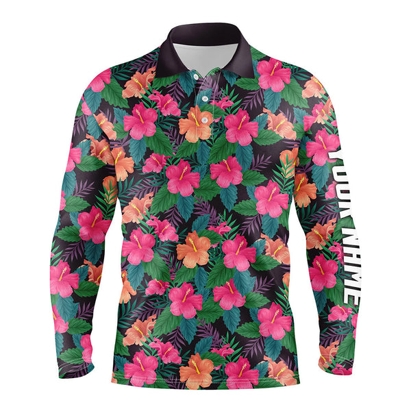 Mens golf polos shirts custom colorful hibiscus flower tropical pattern golf tops for mens NQS7133