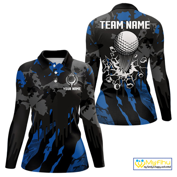 Black and Blue Camo pattern Womens Golf Polo Shirts custom ladies golf tops, cool golf gifts NQS9826