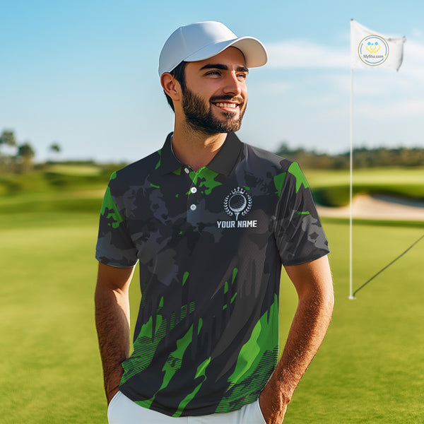 Black and Green Camo pattern Mens Golf Polo Shirts custom mens golf tops, cool golf gifts NQS9827