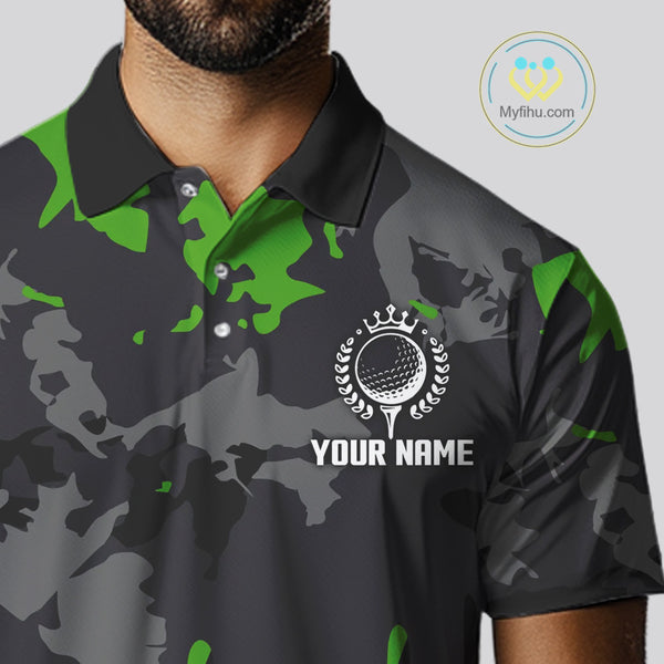 Black and Green Camo pattern Mens Golf Polo Shirts custom mens golf tops, cool golf gifts NQS9827