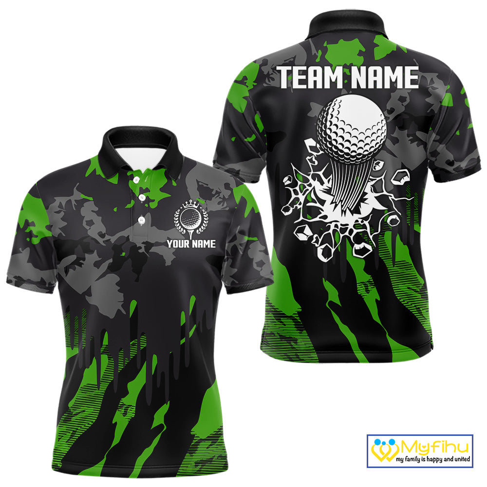 Black and Green Camo pattern Mens Golf Polo Shirts custom mens golf tops, cool golf gifts NQS9827