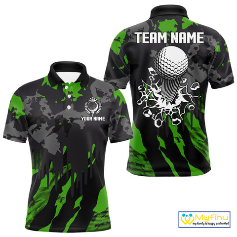 Black and Green Camo pattern Mens Golf Polo Shirts custom mens golf tops, cool golf gifts NQS9827