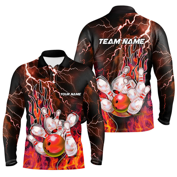Men Bowling Polo, 1/4 Zip Shirt Custom orange lightning thunder Bowling Team Jersey, gift for Bowlers NQS8174