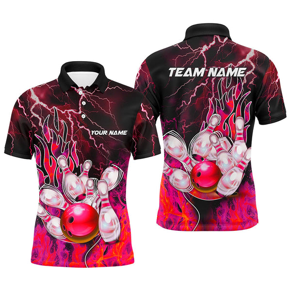 Men Bowling Polo, 1/4 Zip Shirt Custom red lightning thunder Bowling Team Jersey, gift for Bowlers NQS8175