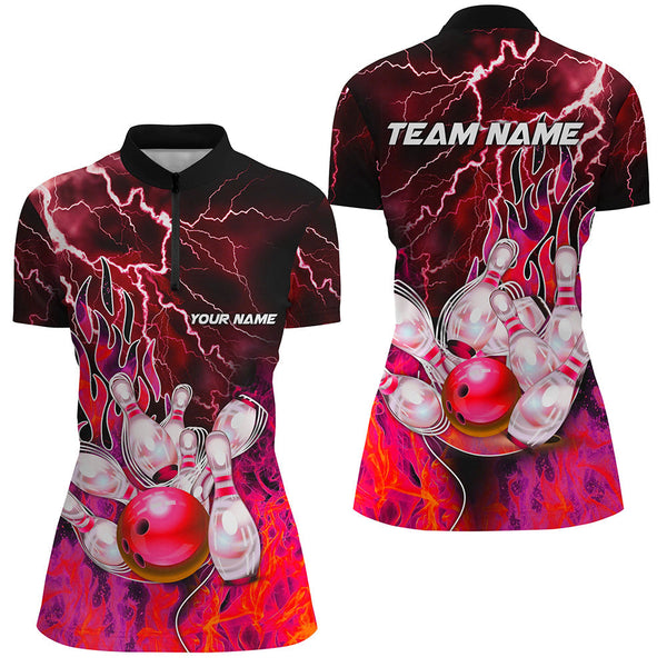 Women Bowling Polo, 1/4 Zip Shirt Custom red lightning thunder Bowling Team Jersey, gift for Bowler NQS8175