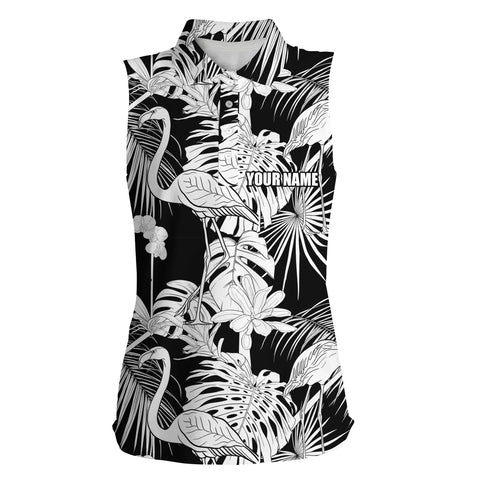 Women sleeveless polo shirt black white tropical plants flamingo golf shirts custom womens golf wear NQS4841
