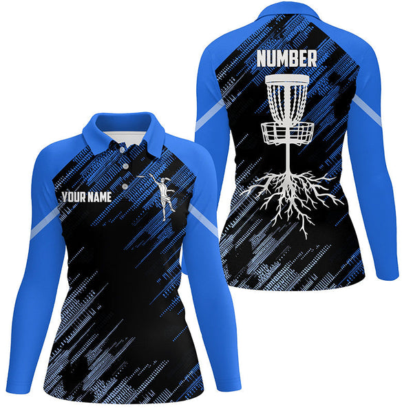 Blue Disc golf basket camo custom name & number Womens polo shirts, ladies disc golf outfit NQS7416