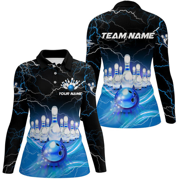 Blue light lightning thunder Women bowling polo shirts Custom Team bowling jerseys, gift for bowlers NQS7419