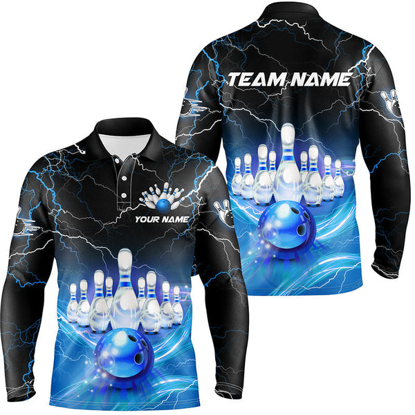 Blue light lightning thunder Mens bowling polo shirts Custom Team bowling jerseys, gift for bowlers NQS7419