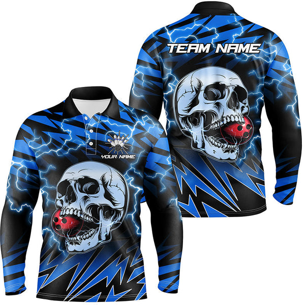 Mens bowling polo shirts Custom blue lightning thunder Skull Bowling Team Jersey, gift for Bowlers NQS7420