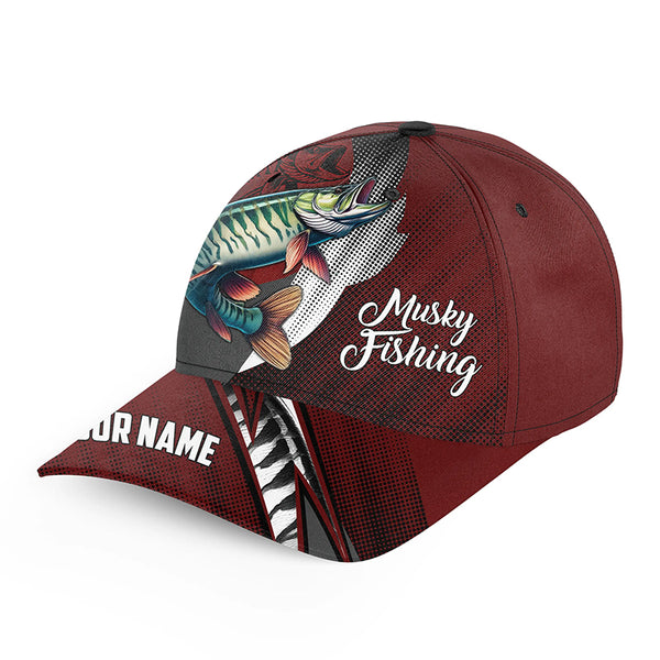 Musky fishing camo hats for men, women custom baseball best Muskellunge fishing hat | Red NQS7761