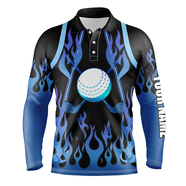 Mens golf polo shirts blue fire pattern golf clubs shirt for mens, personalized golf gifts NQS6994