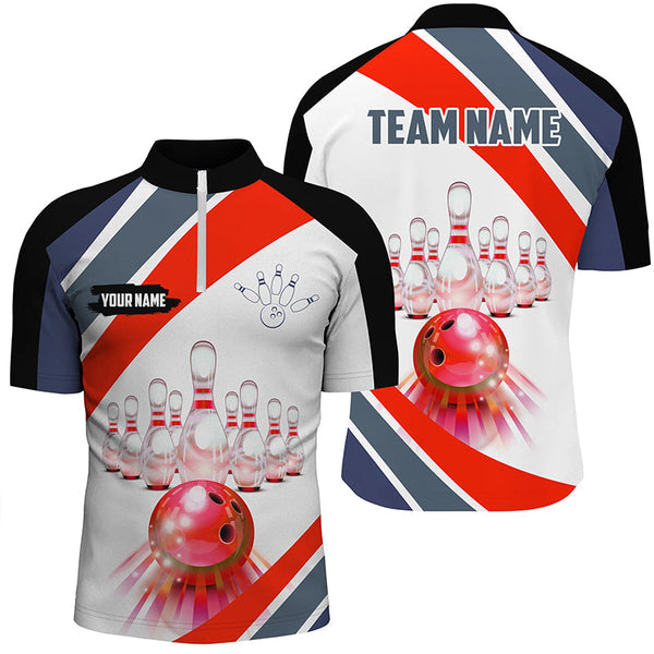 Red Light Bowling Polo, Quarter Zip Shirt for men Custom Bowling ball and pins Team League Jerseys NQS7587