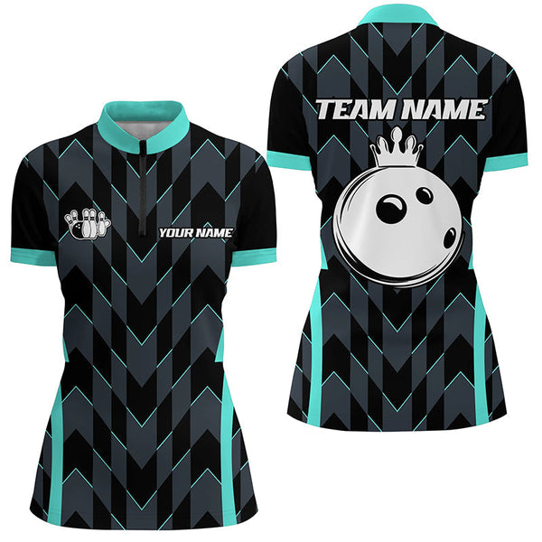 Bowling Polo, Quarter zip shirt for women custom camo bowling Team jersey, gift for bowler | Turquoise NQS8201