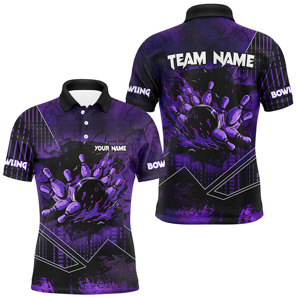 Purple grunge flame bowling ball pins Men Bowling Polo, Quarter zip shirt custom bowling Team jerseys NQS8203