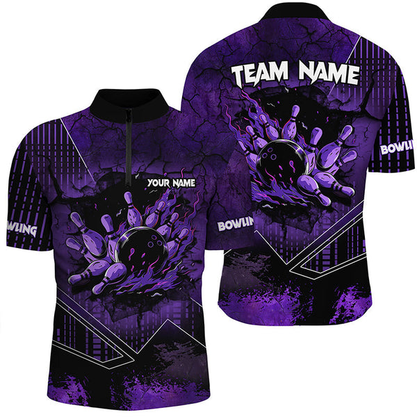 Purple grunge flame bowling ball pins Men Bowling Polo, Quarter zip shirt custom bowling Team jerseys NQS8203