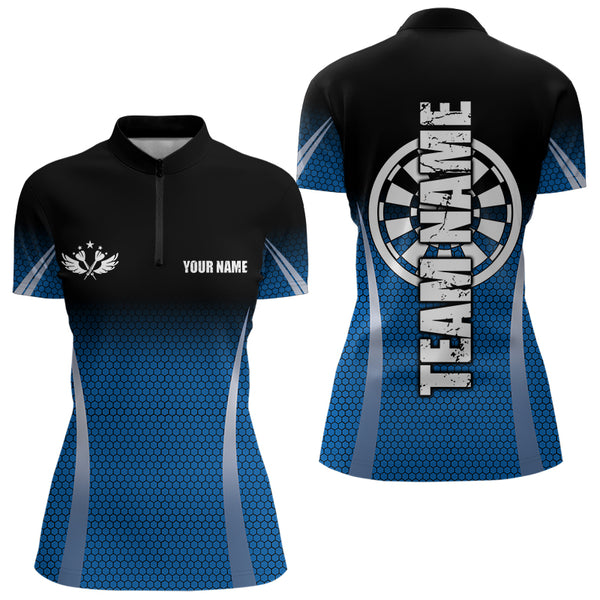 Black and Blue Camo Dart Polo, Quarter Zip Shirt For Women Custom Dart Jerseys For Team NQS9130