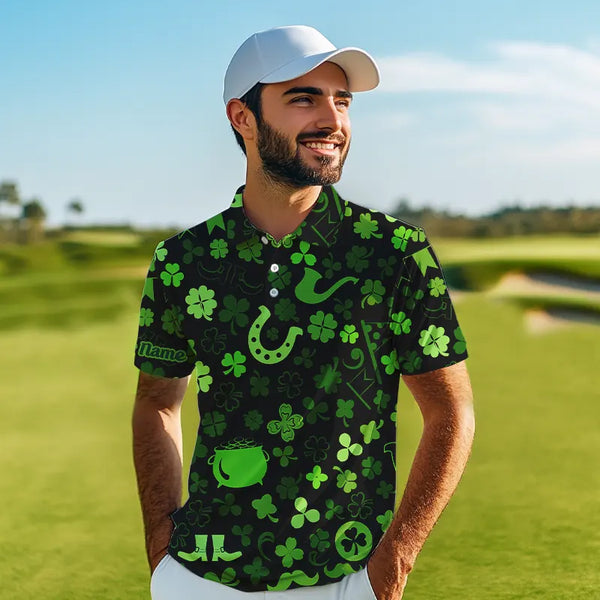 Green shamrock St Patrick Day pattern Lucky polo golf shirts for men Custom St Patrick golf attire NQS9649