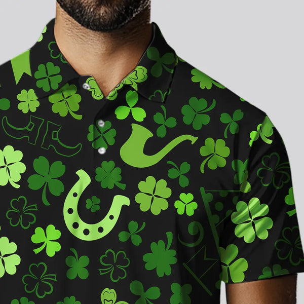Green shamrock St Patrick Day pattern Lucky polo golf shirts for men Custom St Patrick golf attire NQS9649