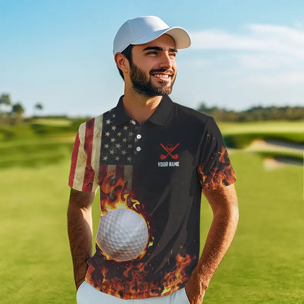 Flame Golf ball vintage American Flag Golf polo shirts for men Custom patriotic mens golf attire NQS9650
