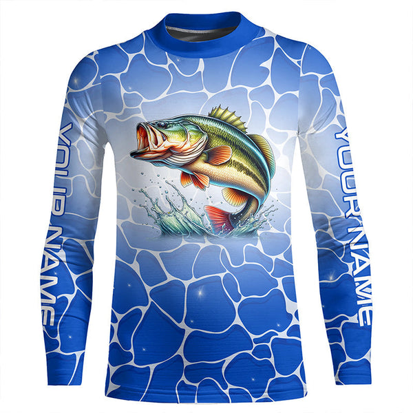 Personalized blue water camo Largemouth bass Long Sleeve Fishing Shirts, Tournament Fishing Jerseys NQS7440