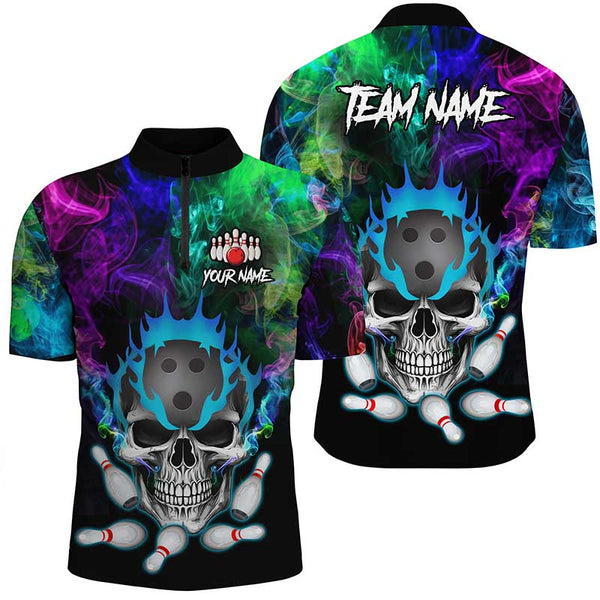 Colorful smoke Skull bowling Polo, Quarter Zip shirt for men Custom Team bowling League jerseys NQS8015