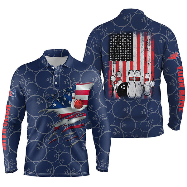 Blue Bowling polo shirts for men custom name vintage American flag bowling jerseys NQS6323