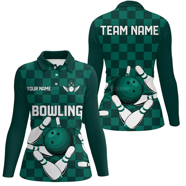Green checkered Women Bowling Polo, 1/4 Zip Shirt Custom team bowling jerseys, Ladies bowling outfits NQS8436