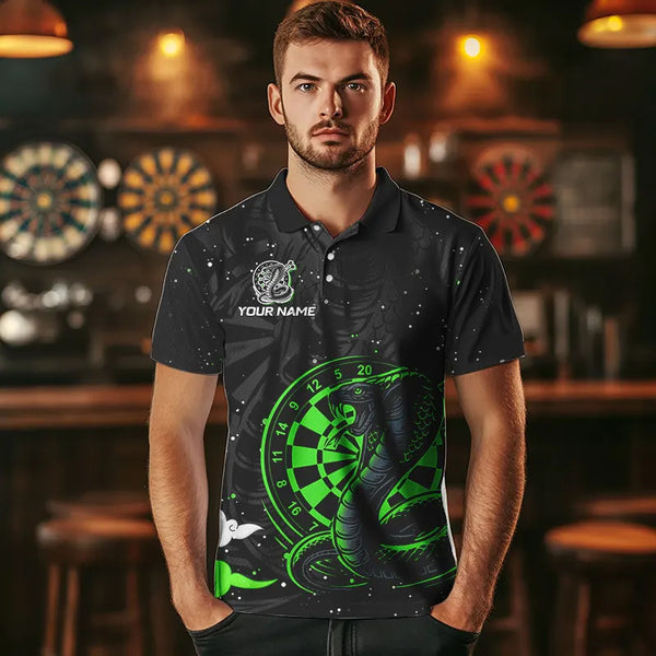 Black and Green Cobra Snake Darts Polo, Quarter Zip Shirts For Men Custom Name Darts Team Jerseys NQS9656