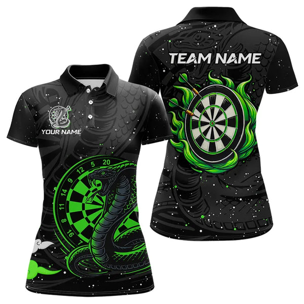 Black and Green Cobra Snake Darts Polo, Quarter Zip Shirts For Women Custom Name Darts Team Jerseys NQS9656