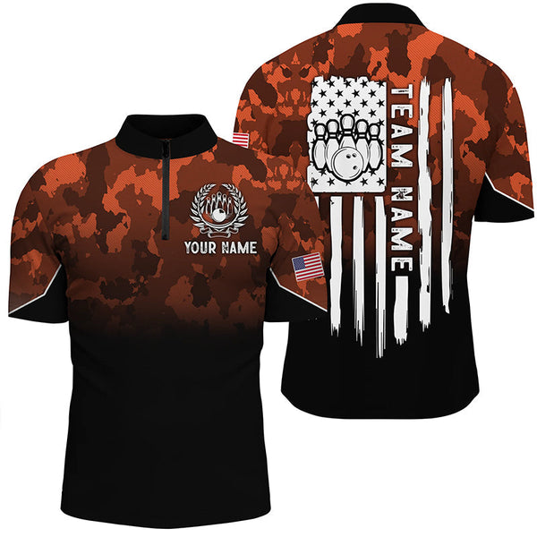 Mens bowling Polo, Quarter zip shirts Custom Orange camo American flag patriotic bowling team jerseys NQS8209