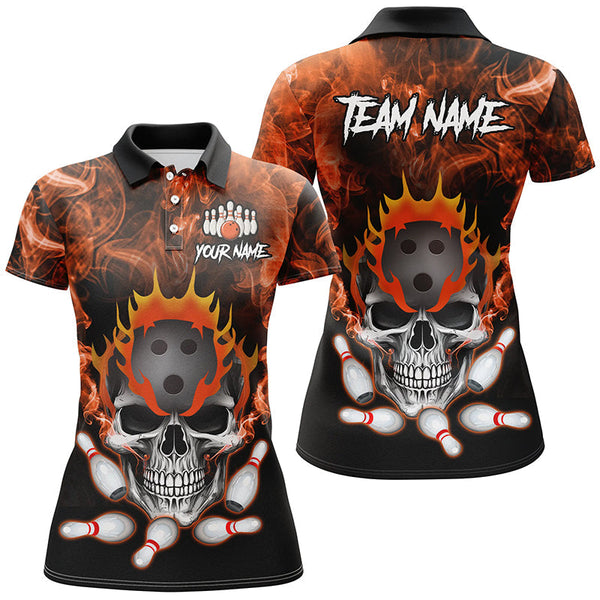 Orange smoke Skull bowling Polo, Quarter Zip shirt for Women Custom Team bowling League jerseys NQS8210